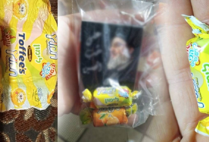 טופי ישראלי חולק ביחד עם מגנטים הנושאים את תמונת נסראללה (צילום:  רשתות ערביות)