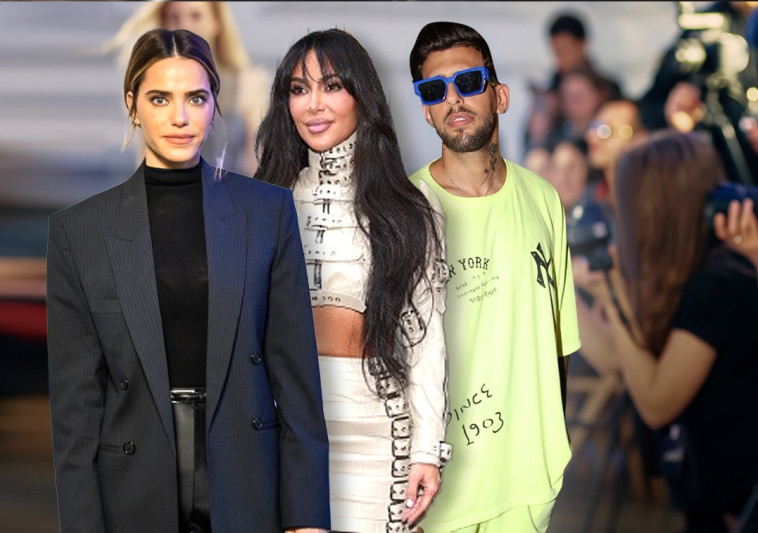 Kim Kardashian at a fashion show with Rotem Sela and Ben El Tabori