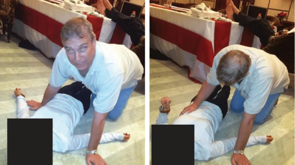 פרשת ג'פרי אפשטיין: הנסיך אנדרו מאונטבאטן-וינדזור כורע מעל אישה אנונימית  (צילום: משרד המשפטים האמריקאי )