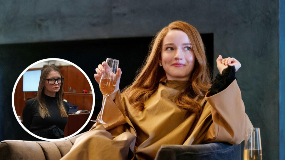 ג'וליה גארנר בתפקיד אנה דלבי. משמאל: אנה סורוקין האמיתית (צילום: TIMOTHY A. CLARY.GettyImages,מתוך נטפליקס)