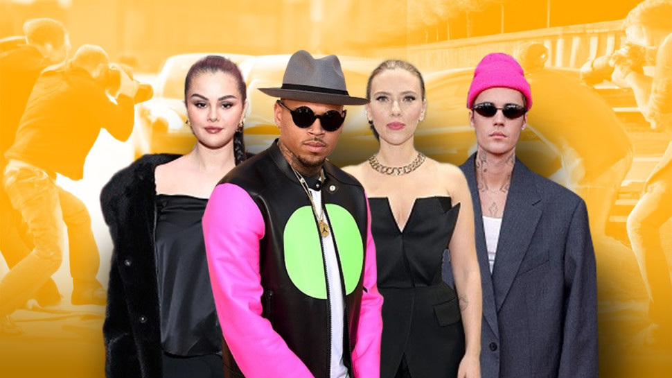 ג'סטין ביבר, סקרלט ג'והנסון, כריס בראון וסלינה גומז (צילום: Cindy Ord/Getty images, Monica Schipper \ Getty Images,Frazer HarrisonGetty Images)