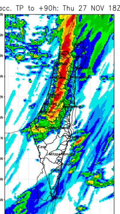 מפת המשקעים המצטברים עד יום שלישי בצהריים 25.11.25