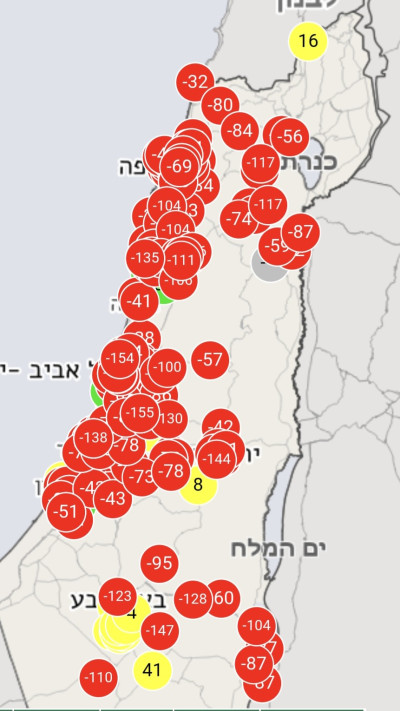 זיהום אוויר גבוה (אדום) כמעט בכל אזורי הארץ
