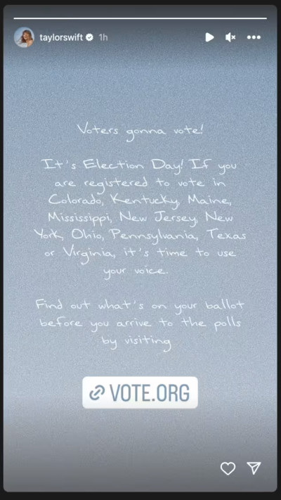 סוויפט מזכירה לעוקביה להכנס ולהירשם לבחירות (צילום: צילום מסך אינסטגרם)