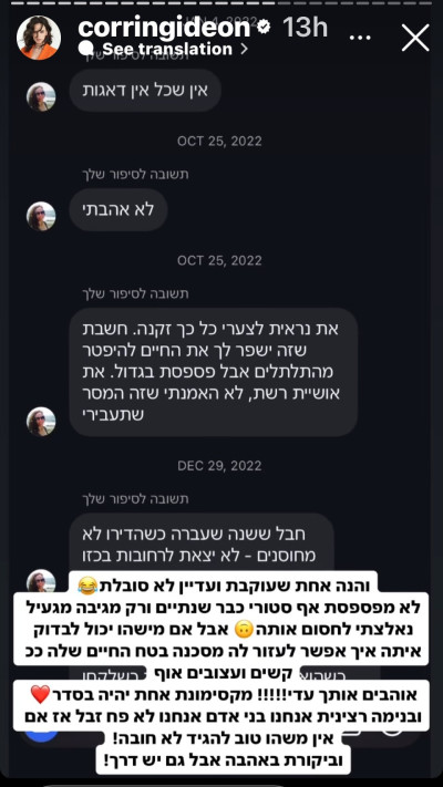 קורין גדעון חושפת את הודעות הנאצה שקיבלה מהעוקבת (צילום: צילום מסך אינסטגרם)