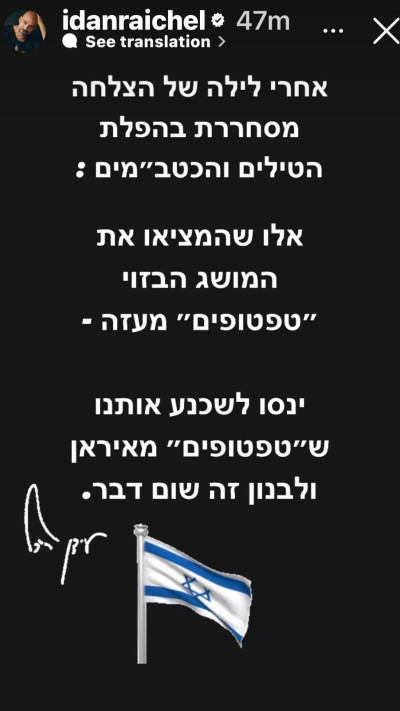 עידן רייכל על התגובה הישראלית נגד המתקפה האיראנית (צילום: צילום מסך אינסטגרם)