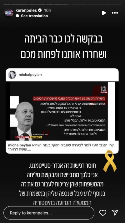 קרן פלס על השיחה שהתקיימה בין צחי הנגבי למשפחות החטופים (צילום: צילום מסך מתוך האינסטגרם)