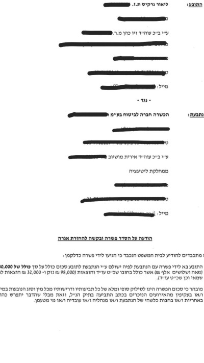 הסדר הפשרה בין ליאור נרקיס לחברת הביטוח (צילום: פרטי)