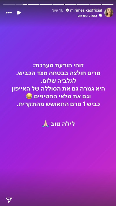 הודעת המערכת מטעם מירי מסיקה (צילום: צילום מסך מתוך האינסטגרם)
