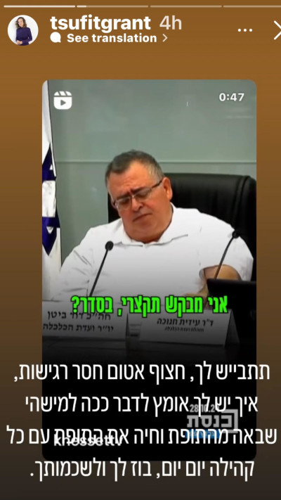 הסטורי של צופית גרנט (צילום: מתוך אינסטגרם)