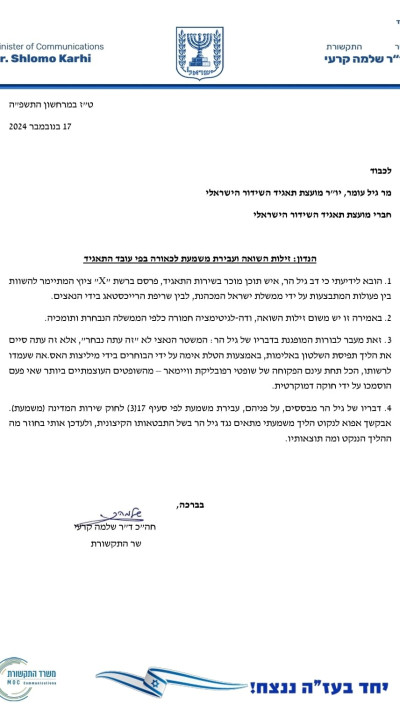 מכתבו של השר קרעי לתאגיד השידור בנוגע לדב גיל־הר