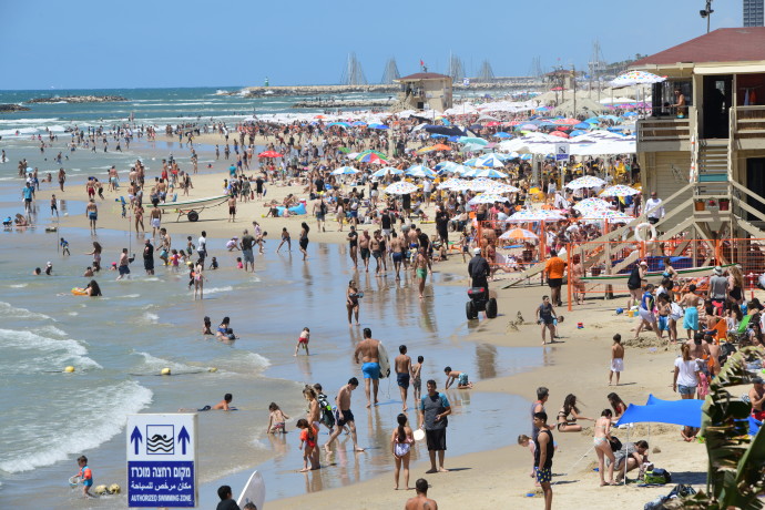 חוף פרישמן בתל אביב התמלא במתרחצים (צילום: אבשלום ששוני)