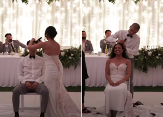 החתן והכלה מגלחים את ראשם בחתונה (צילום: צילום מסך יוטיוב)