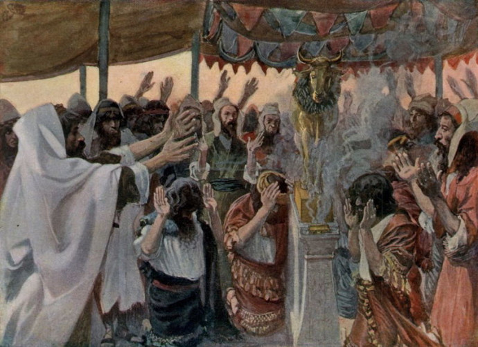 בני ישראל סוגדים לעגל הזהב. ציור: ג'יימס טיסו (צילום: ויקיפדיה)