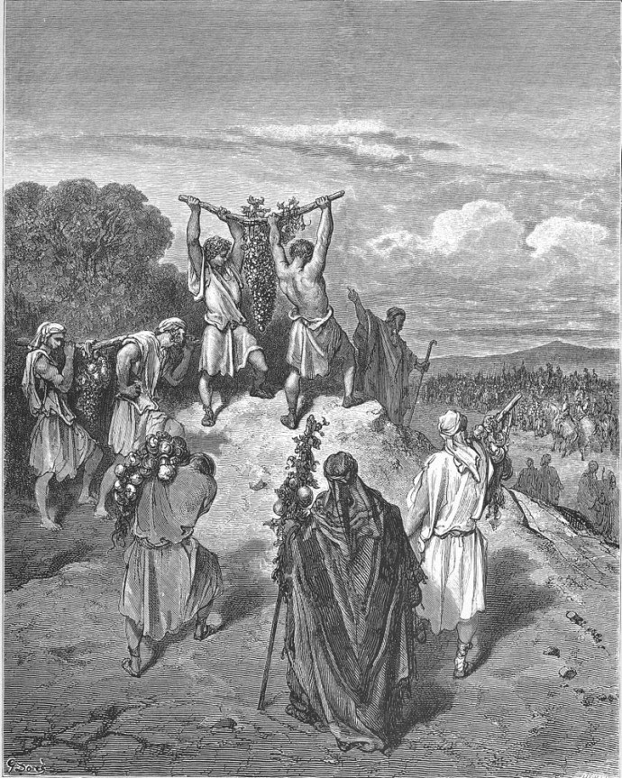 המרגלים מציגים בפני בני ישראל מפרי הארץ. איור מאת גוסטב דורה (צילום: ויקיפדיה)
