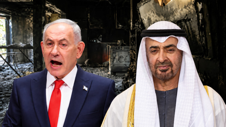 מוחמד בן זאיד ובנימין נתניהו על רקע בית שרוף מקיבוץ חולית מה-7 באוקטובר (צילום: רויטרס, אריק מרמור פלאש 90)