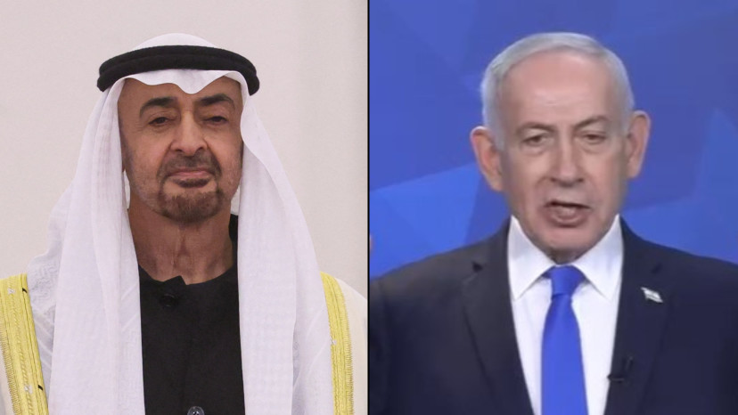 בנימין נתניהו ונשיא איחוד האמירויות מוחמד בן זאיד (צילום: צילום מסך לע"מ,Maxim Shipenkov/Pool via Reuters)