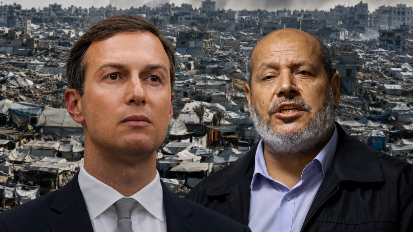 חליל אל חיה וג'ארד קושנר על רקע הריסות בעזה (צילום: רויטרס)