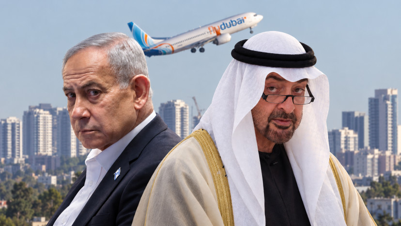 מוחמד בן זאיד, בנימין נתניהו על רקע מטוס פליי דובאי (צילום: פלאש 90,משה שי, פלאש 90,יונתן זינדל, פלאש 90,בינה מלאכותית ושיפור צילום)