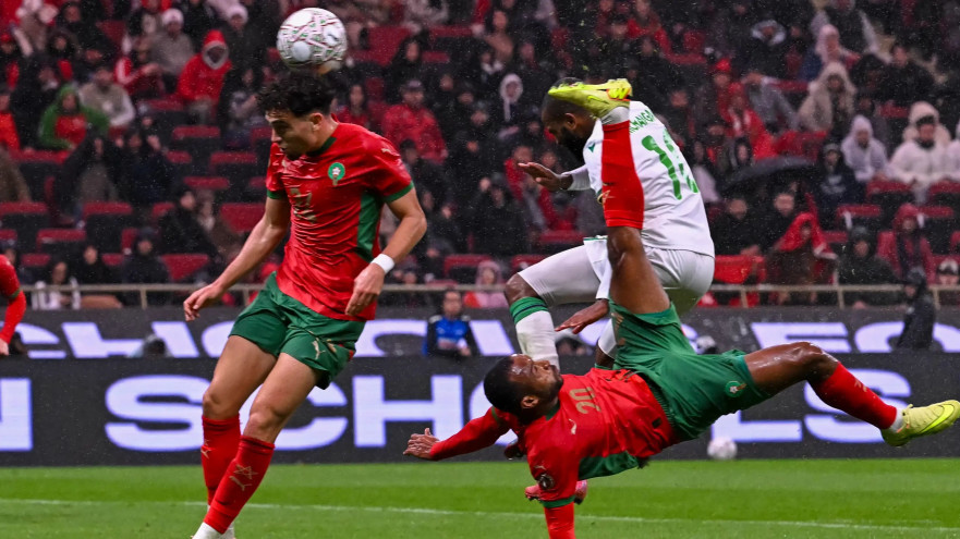 איוב אל קעבי שחקן נבחרת מרוקו כובש שער במספרת (צילום: GettyImages, PAUL ELLIS/AFP)