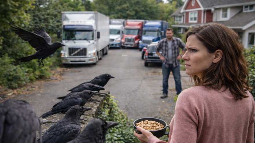 אישה עם קערת בוטנים והעורבים (צילום: AI)