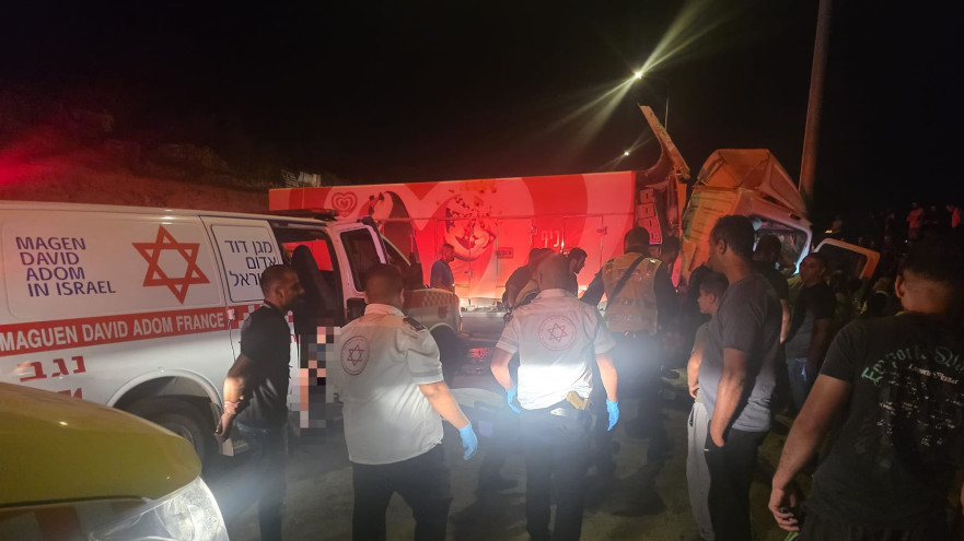 צוותי מד"א בזירת התאונה בכביש 80, סמוך לתל ערד (צילום: תיעוד מבצעי מד"א)