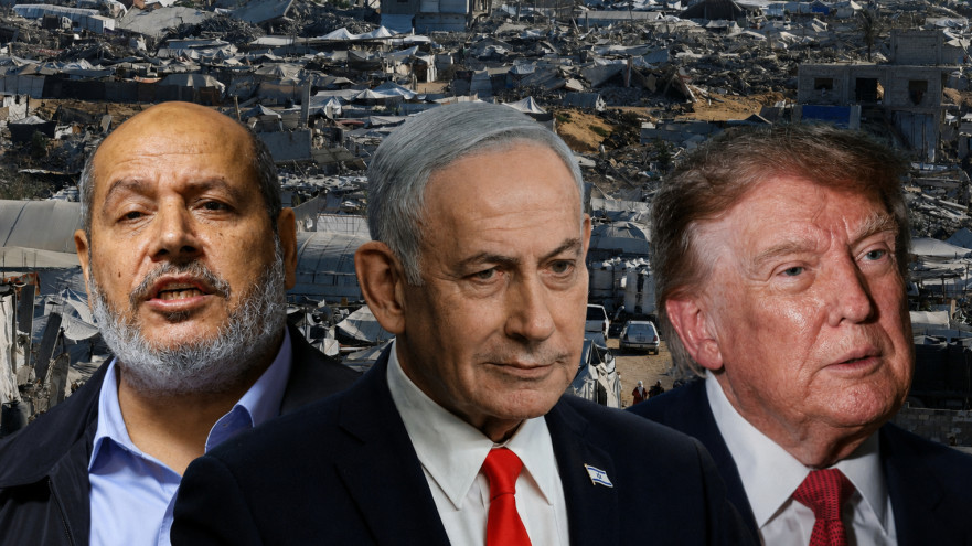 דונלד טראמפ, בנימין נתניהו וחליל אל-חיה על רקע הריסות עזה (צילום: רויטרס)