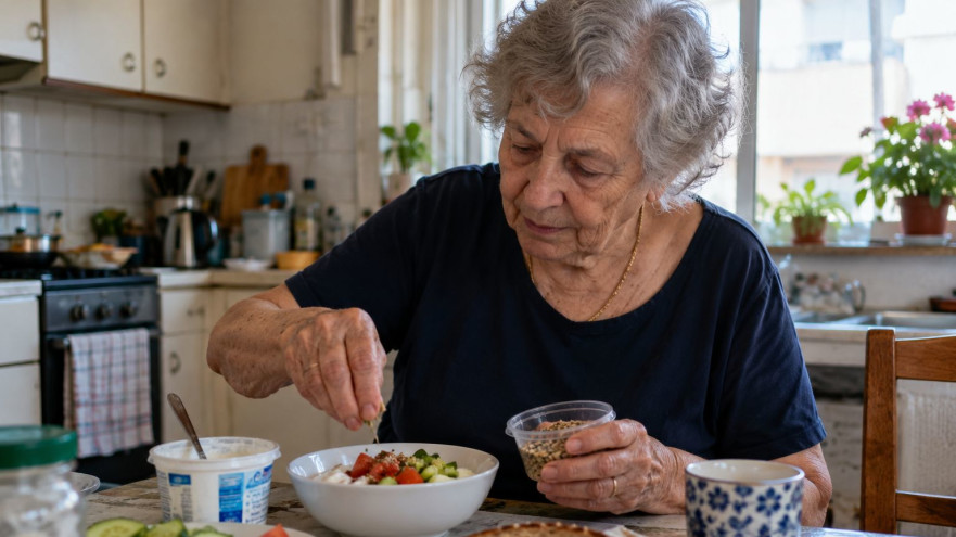 אישה מבוגרת אוכלת (צילום: AI)