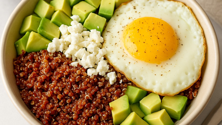 קערת בוקר עם קינואה אדומה, ביצה, אבוקדו וגבינת פטה