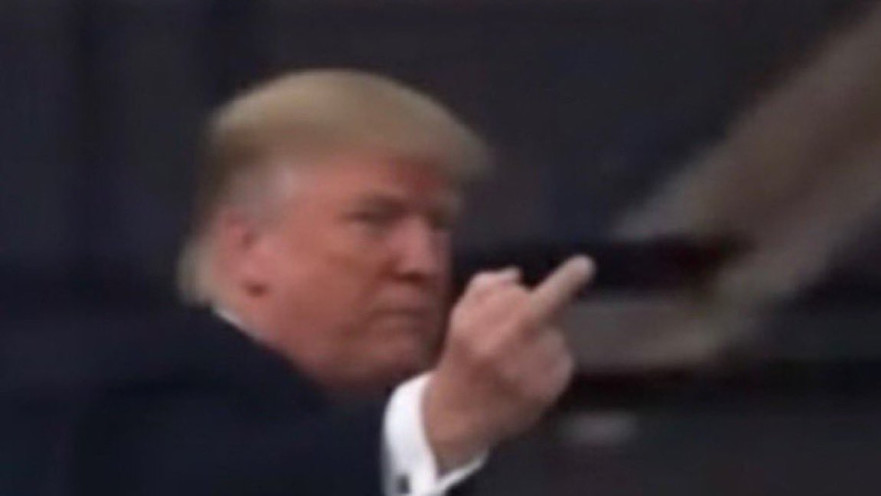 דונלד טראמפ עושה "אצבע משולשת" אל עבר מפגין