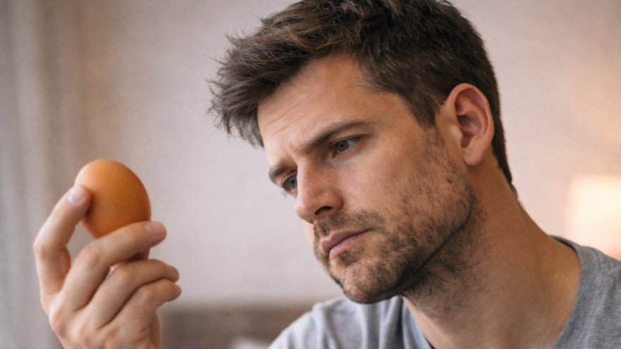 גבר אוחז בביצה