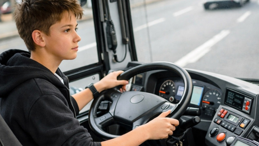 בן 15 נוהג באוטובוס