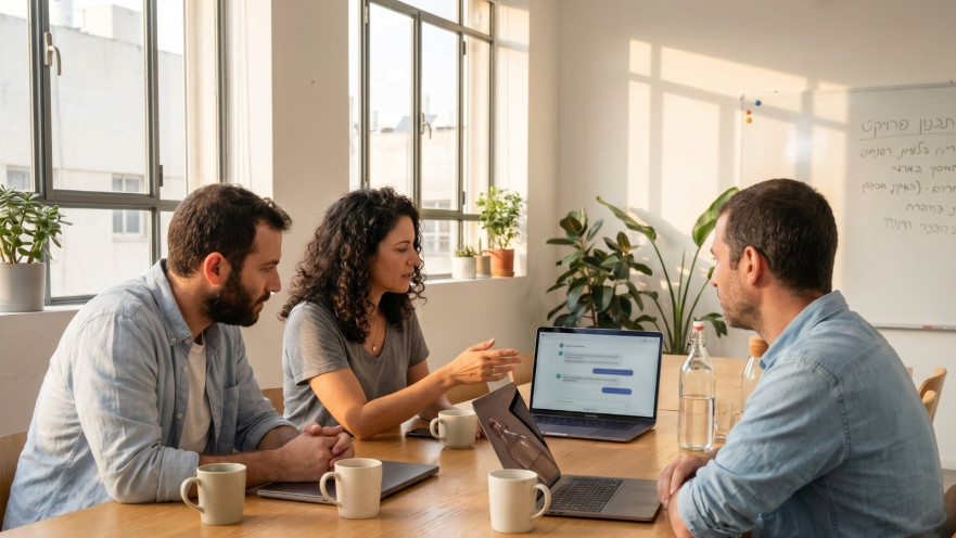 ישיבת עבודה בחברת הייטק ישראלית. הצוות בודק מה מנועי ה-AI ממליצים כשלקוח שואל על ספקים בתחום שלהם