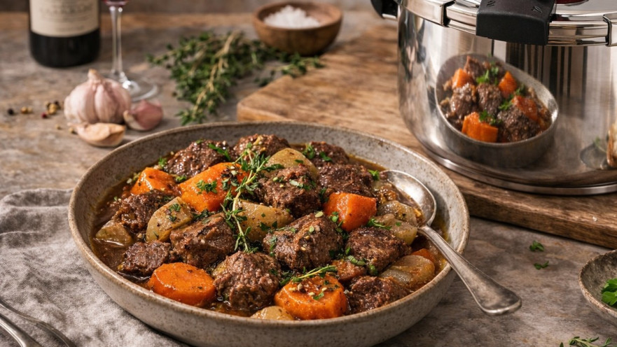 צלי בקר רך וירקות שורש בבישול בסיר לחץ