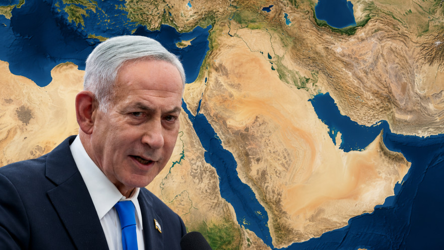 בנימין נתניהו על רקע מפת המזרח התיכון