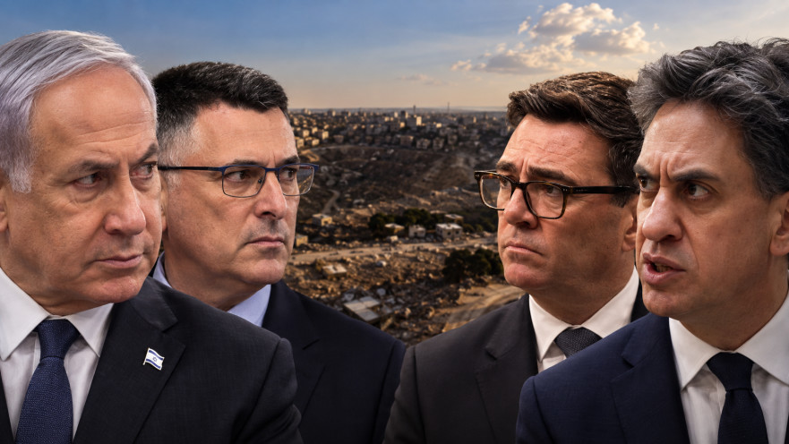 אד מיליבנד, אנדי ברנהאם, גדעון סער, בנימין נתניהו, ברקע שטחי E1