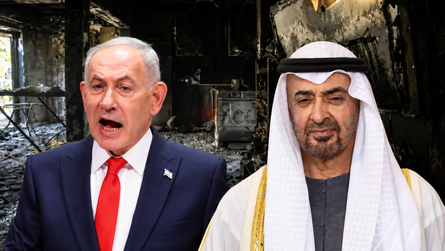 מוחמד בן זאיד ובנימין נתניהו על רקע בית שרוף מקיבוץ חולית מה-7 באוקטובר