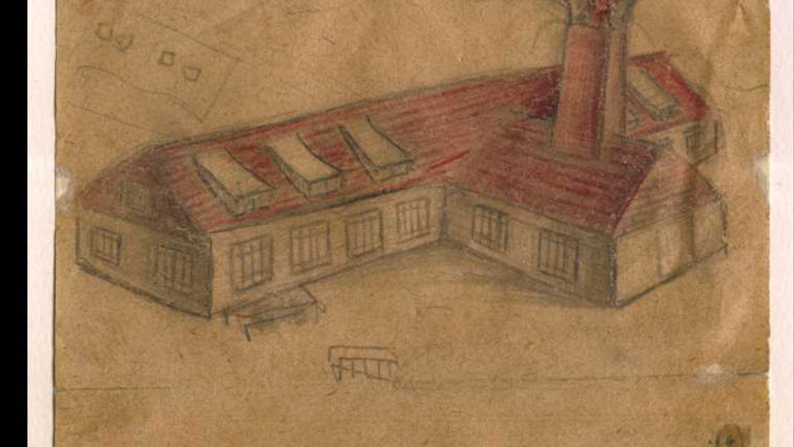 יהודה בקון, קרמטוריום מס' II (אושוויץ-בירקנאו), 1945, עיפרון ועיפרון צבעוני על נייר, 10x13 סמ'