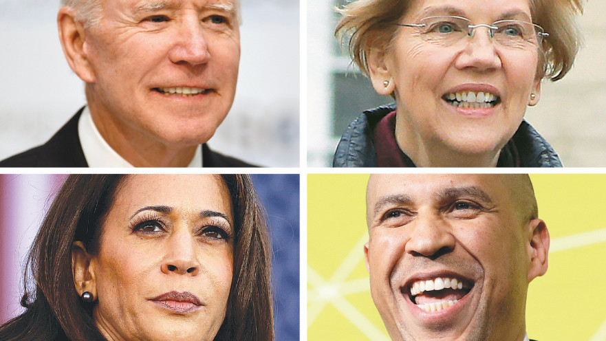 המועמדים הדמוקרטים מחממים מנועים. מימין, בכיוון השעון: וורן, בוקר, הריס וביידן