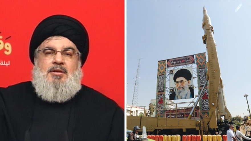 טיל שיהאב לצד תמונתו של חמינאי (מימין) ונסראללה (משמאל)