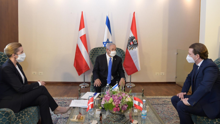 ראש הממשלה בנימין נתניהו, קנצלר אוסטריה סבסטיאן קורץ וראש ממשלת דנמרק מדה פרדריקסן 