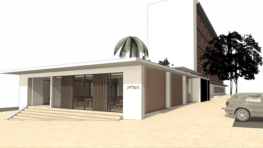 הדמיית מתחם בית הקפה החדש. חזית שקופה הצופה לרחובות הסובבים
