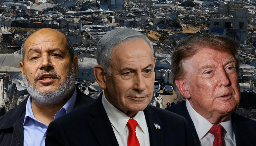 דונלד טראמפ, בנימין נתניהו וחליל אל-חיה על רקע הריסות עזה (צילום: רויטרס)