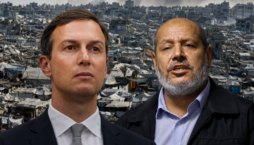חליל אל חיה וג'ארד קושנר על רקע הריסות בעזה (צילום: רויטרס)