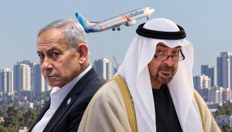 מוחמד בן זאיד, בנימין נתניהו על רקע מטוס פליי דובאי (צילום: פלאש 90,משה שי, פלאש 90,יונתן זינדל, פלאש 90,בינה מלאכותית ושיפור צילום)