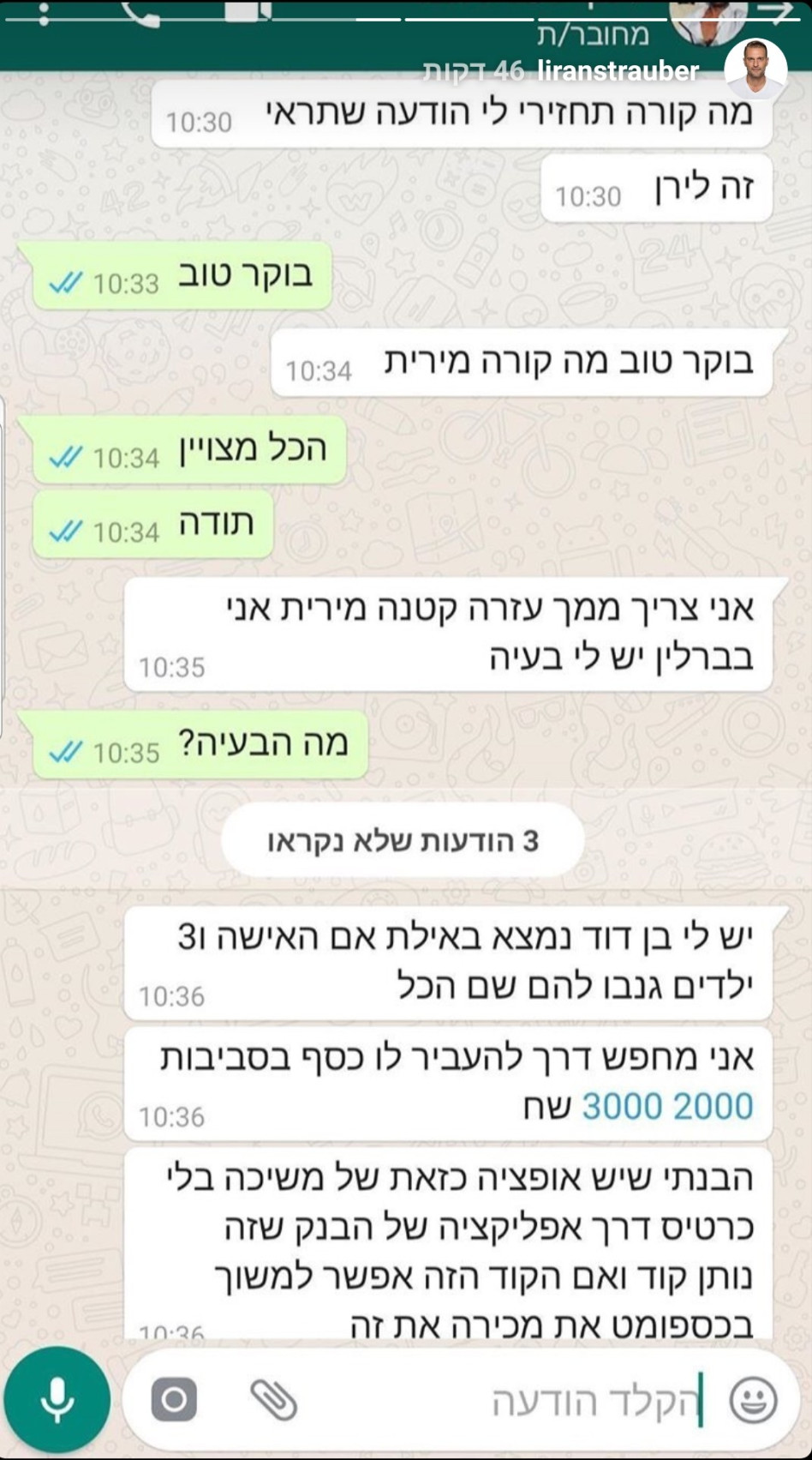 המתחזה ללירן שטראובר בשיחות עם קרוביו (צילום: אינסטגרם)