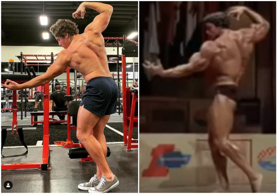 מימין: ארנולד שוורצנגר בתחרות מר עולם לשנת 1975, משמאל: בנו, ג'וזף בנה בחדר כושר (צילום: אינסטגרם,צילום מסך יוטיוב)