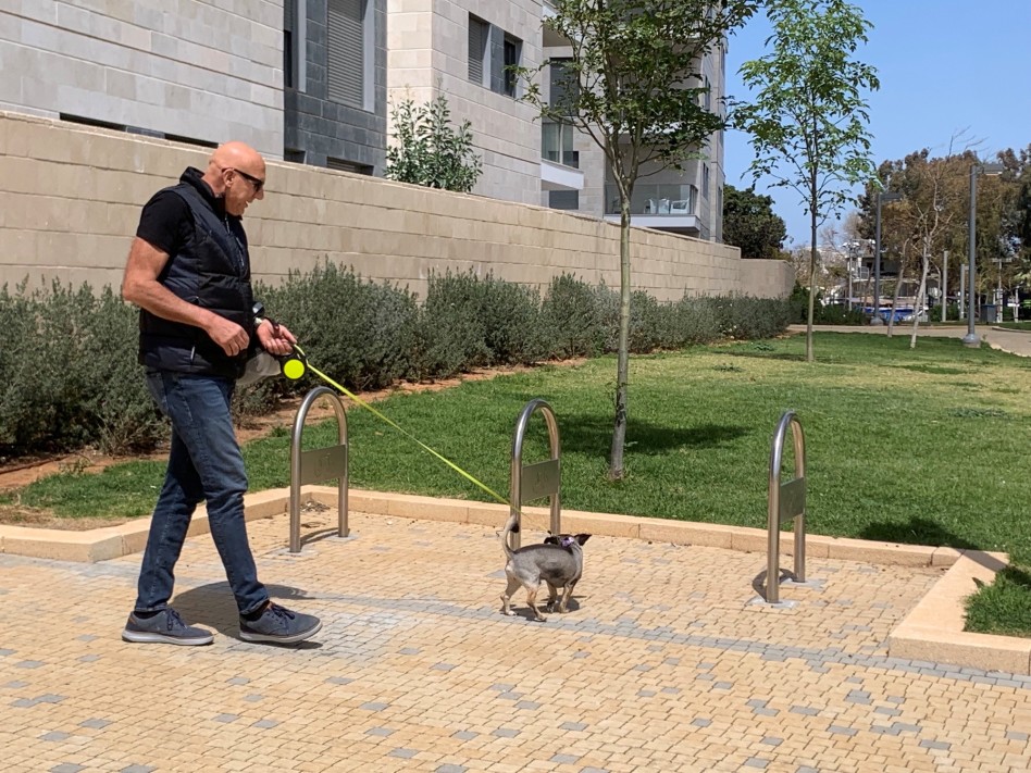 מטייל עם הכלב בביתו החדש. דורון ג'מצ'י (צילום: אמיר בורוביץ׳)