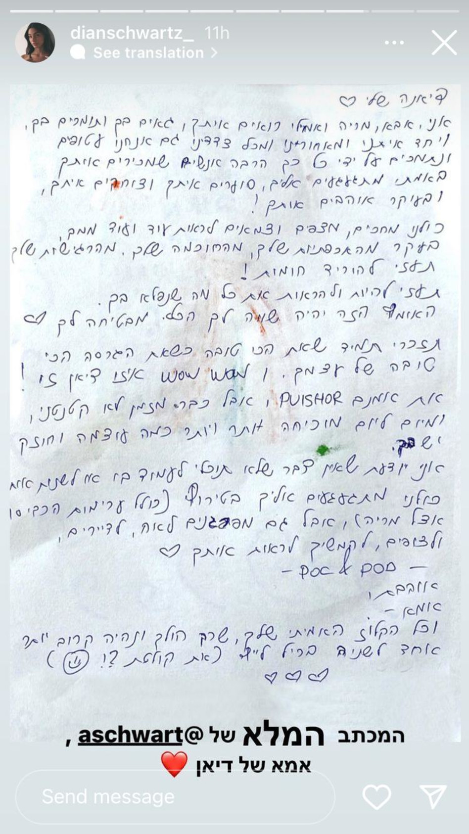 המכתב של אמא של דיאן שוורץ ממשימת ''הנחש בא''  (צילום: צילום מסך אינסטגרם)