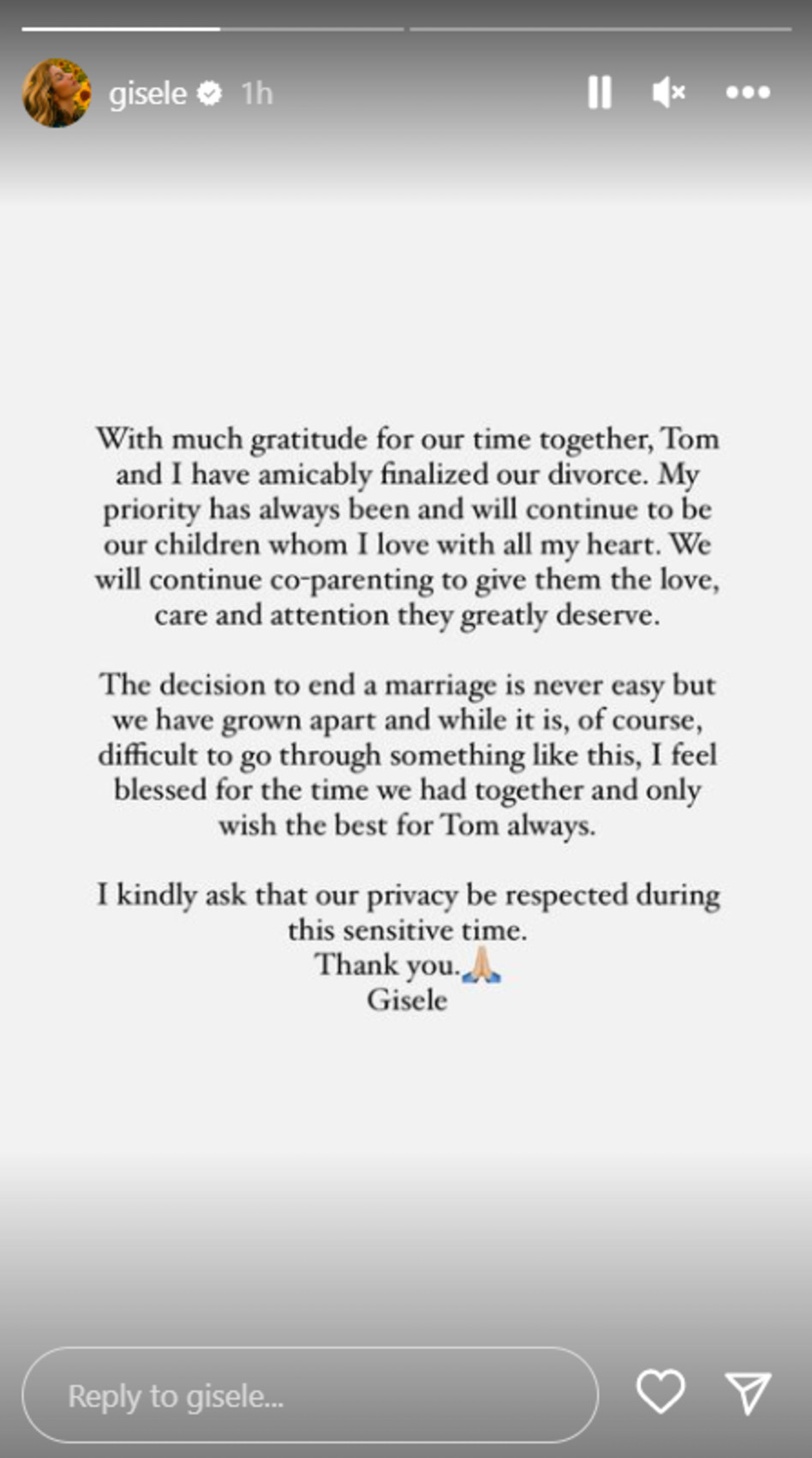 ג'יזל מכריזה על הליך גירושים מטום בריידי (צילום: צילום מסך אינסטגרם)